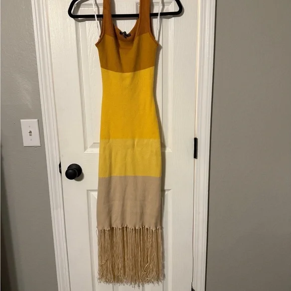 Lulus Delfi Yellow Color Block Fringe Sweater Midi Dress - Picture 5 of 11